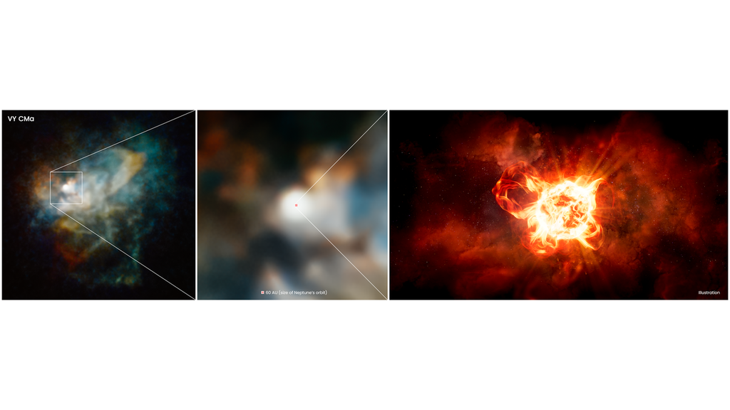 Combinação de imagens do Hubble e impressão de um artista da estrela VY Canis Majoris (Imagem: Reprodução/NASA/ESA/R. Humphreys/J. Olmsted)
