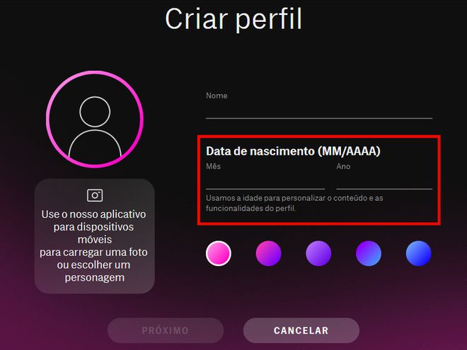 Para perfis infantis, insira uma data de nascimento (Captura de tela: Matheus Bigogno)