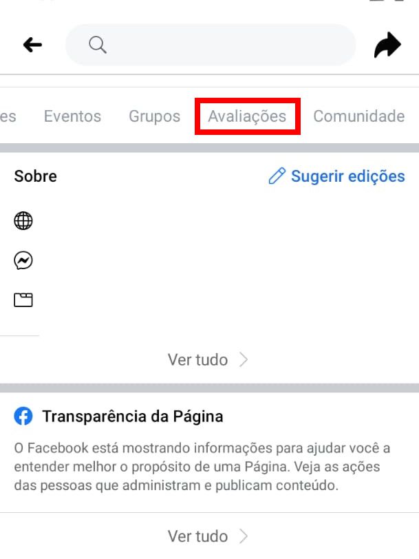 Acesse a página do Facebook que você quer avaliar e clique em "Avaliações" (Captura de tela: Matheus Bigogno)
