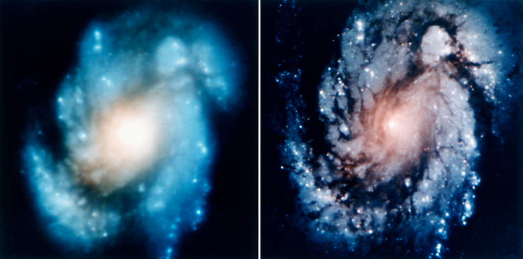 A galáxia M100 fotografada pelo Hubble antes e depois de seu espelho ser reparado no espaço em 1993 (Foto: NASA)