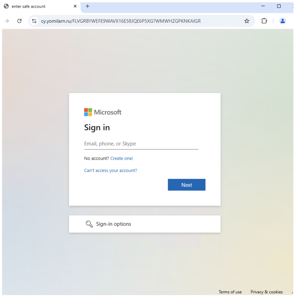 Página de login falsa da Microsoft usada no golpe, criada através da plataforma de criação de websites Lovable (Imagem: Proofpoint)