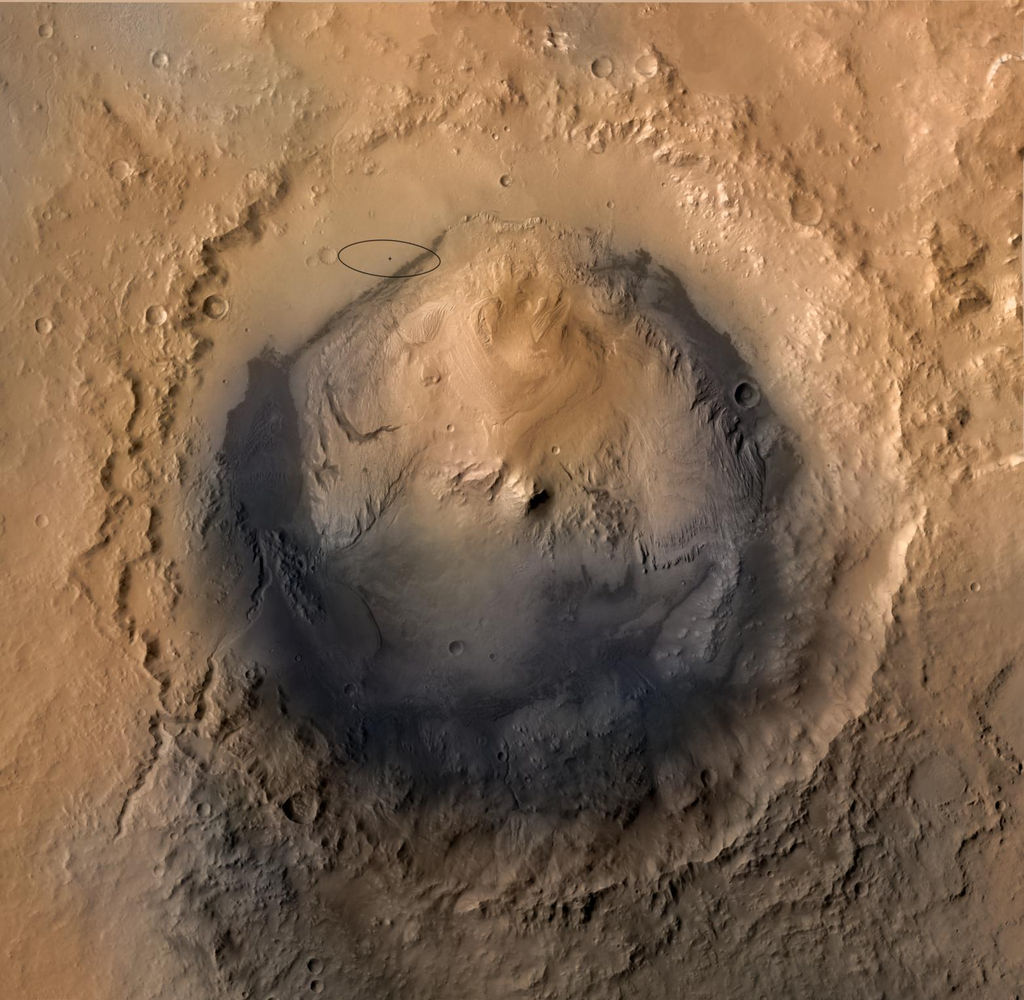 A cratera Gale, com a região de pouso do rover Curiosity destacada (Imagem: Reprodução/NASA/JPL-Caltech/ESA/DLR/FU Berlin/MSSS)