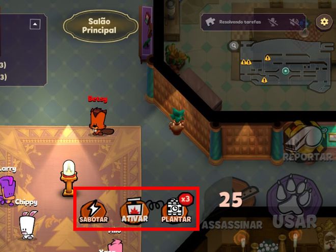 Jogando de Assassino, você pode sabotar a luz e plantar até três bombas na mansão (Captura de tela: Matheus Bigogno)