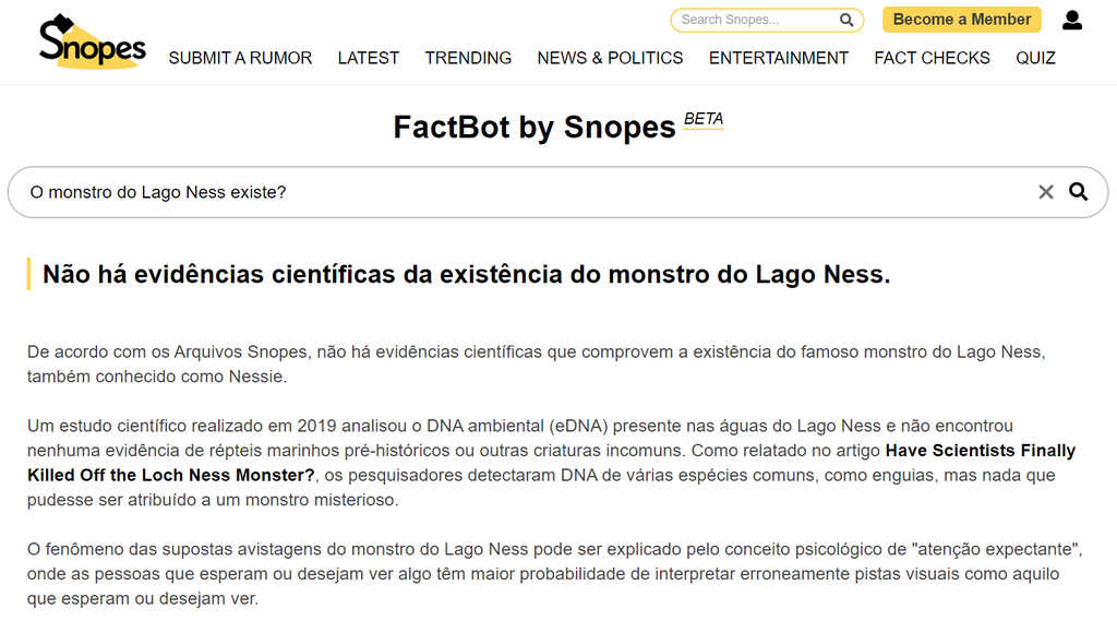 Teste em português com a ferramenta FactBot da Snopes (Imagem: Captura de tela/Guilherme Haas/Canaltech)