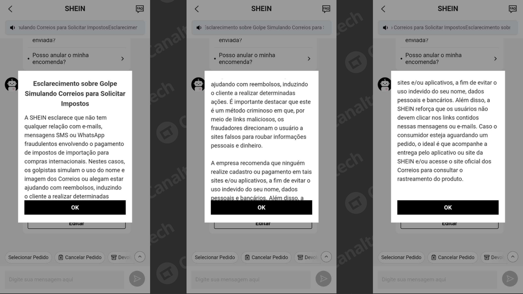 Shein alerta para mensagens falsas enviadas via SMS ou WhatsApp usando o nome dos Correios (Imagem: Reprodução/Arquivo pessoal)