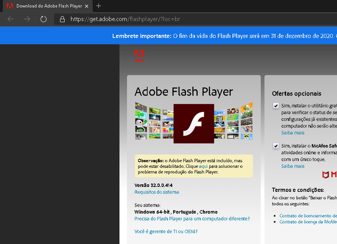 Microsoft Edge perderá suporte ao Adobe Flash Player em 31 de dezembro de 2020 (Imagem: Captura de tela/Alberto Rocha)