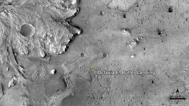 Imagem com indicação do local de pouso do rover, feita pela câmera da sonda Mars Reconnaissance Orbiter (Imagem: Reprodução/NASA/JPL-Caltech/University of Arizona)