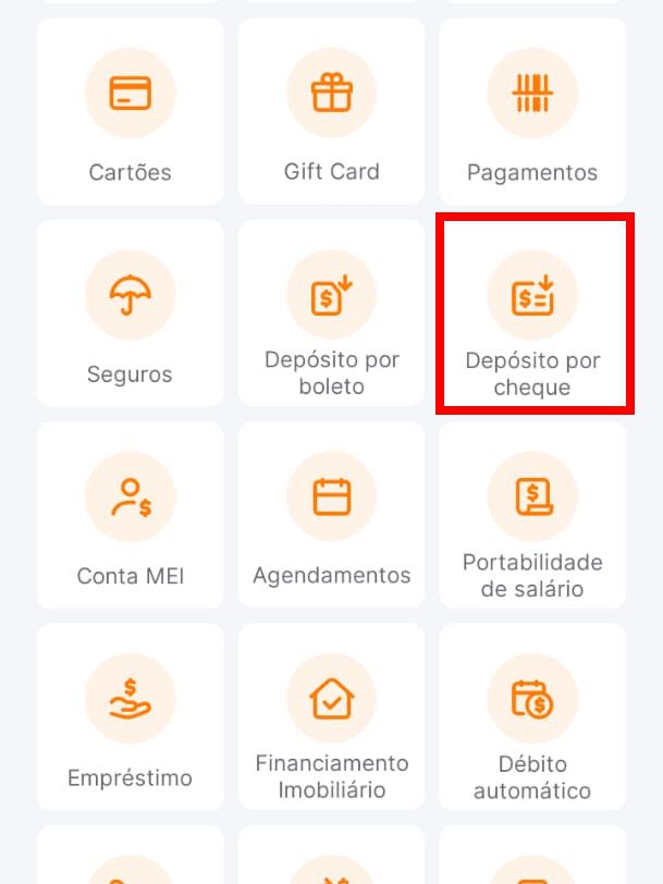 Na tela inicial do app, localize e selecione a opção "Depósito por cheque" (Captura de tela: Matheus Bigogno)