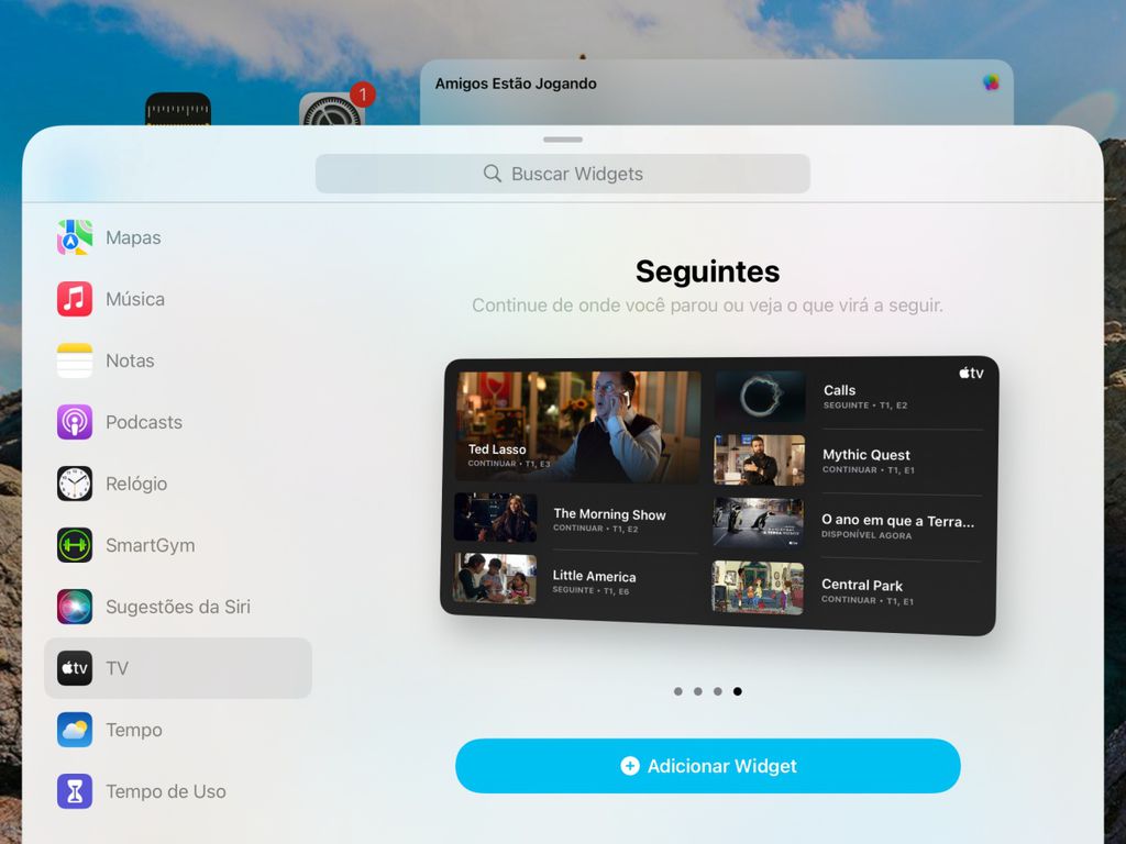 Os widgets conhecidos do iPhone e exclusivos para iPad estarão disponíveis para o usuário adicionar na Tela de Início do tablet da Apple - Captura de tela: Thiago Furquim (Canaltech)