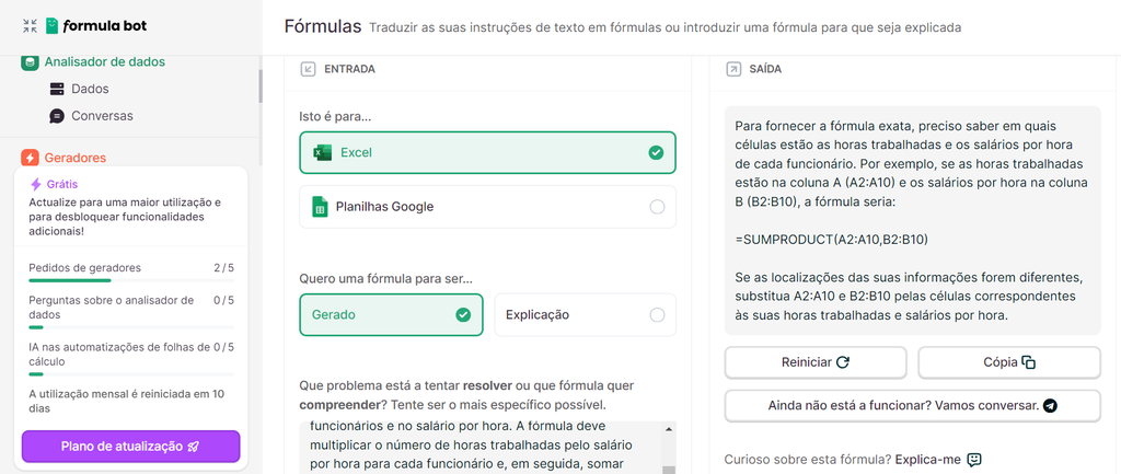 Formula Bot cria fórmulas e explicações de cálculo para tabelas no Excel ou Google Planilhas (Imagem: Captura de tela/Guilherme Haas/Canaltech) 