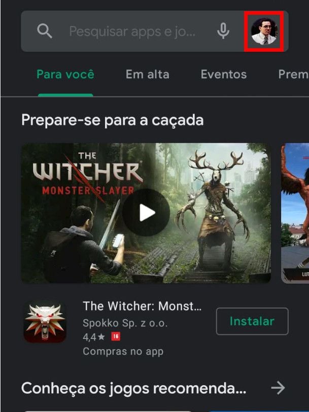 Abra a Play Store em seu celular Android e toque na sua foto (Captura de tela: Matheus Bigogno)