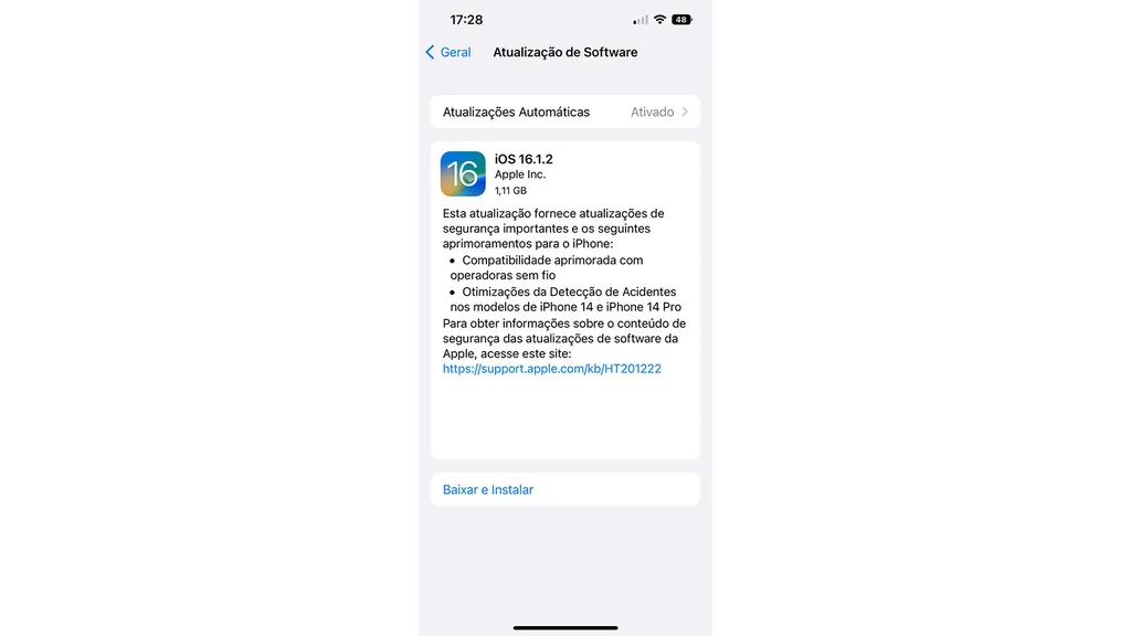 O iOS 16.1.2 tem 1,11 GB e traz pequenas correções para iPhones (Imagem: Captura de tela/Alveni Lisboa/Canaltech)