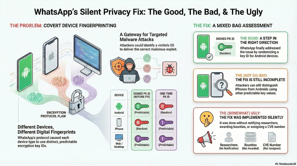 Resumo dos problemas com a mais recente correção silenciosa da vulnerabilidade de fingerprinting do WhatsApp (Imagem: Tal Be'ery/Medium)