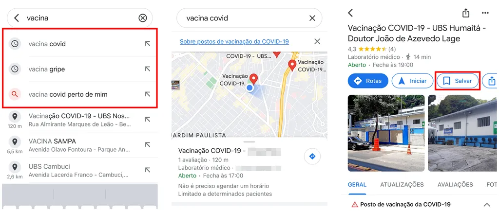 Onde tem vacina? Google Maps permite encontrar e salvar postos de vacinação (Captura de tela: Caio Carvalho)