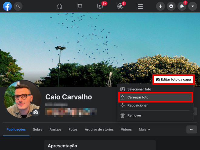 Você pode selecionar uma imagem já existente ou carregar um novo arquivo para usar na capa do Facebook (Captura de tela: Caio Carvalho/Canaltech)