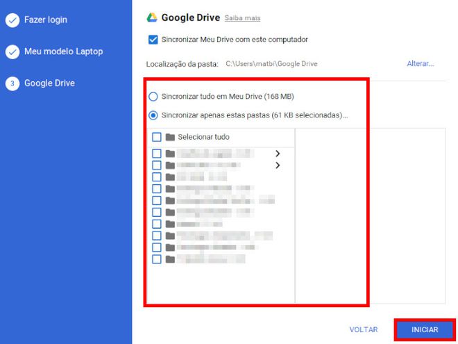 Selecione as pastas do Google Drive que você quer fazer o download para seu PC (Captura de tela: Matheus Bigogno)