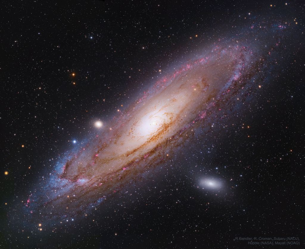 A Galáxia de Andrômeda, localizada a cerca de 2,5 milhões de anos-luz de nós (Imagem: Reprodução/Subaru (NAOJ), Hubble (NASA/ESA), Mayall (NSF)/R. Gendler & R. Croman)