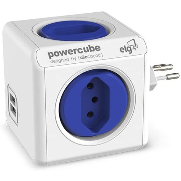 Multiplicador 4 Tomadas Bivolt + 2 USB 2.4A - PowerCube USB ELG - PWC-R4U, Azul e Branco