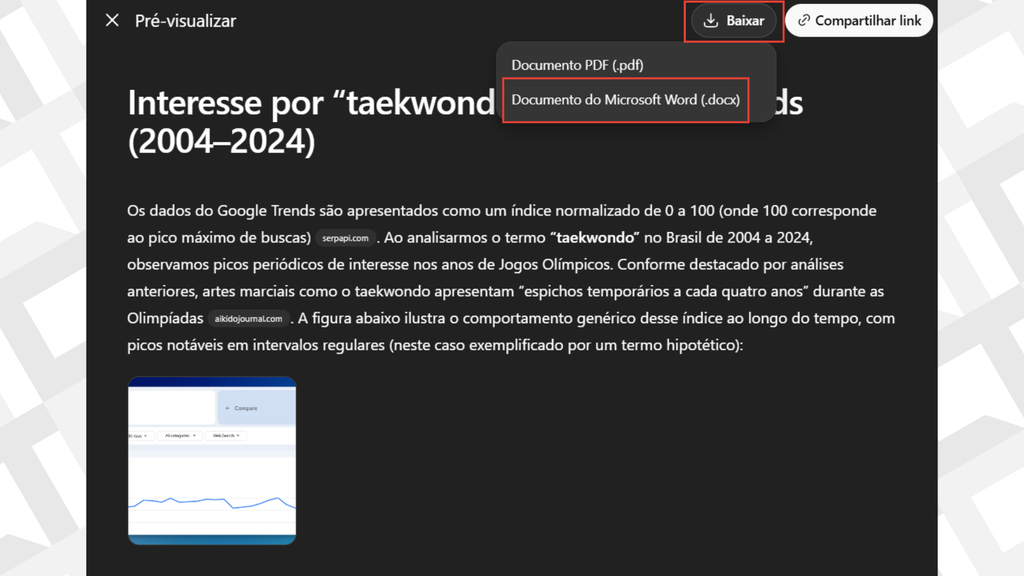 Passos para salvar o relatório do Deep Research no ChatGPT em docx
