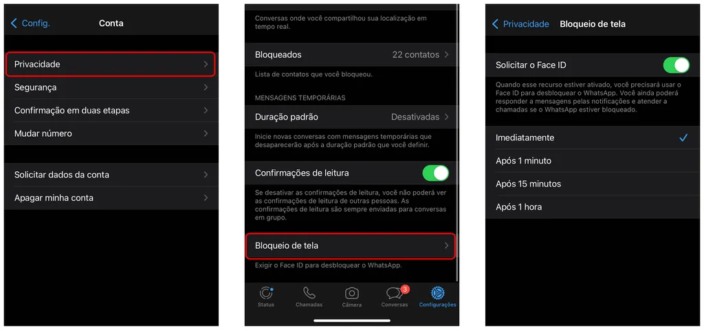 Ative o bloqueio com Touch ID ou Face ID do WhatsApp no iPhone (Imagem: Thiago Furquim)