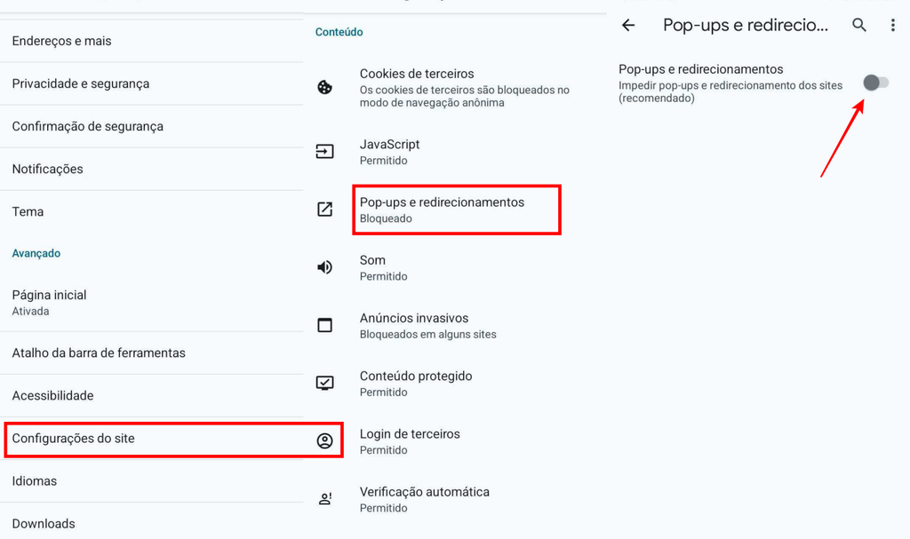 O Chrome para Android permite bloquear ou desbloquear pop-ups (Imagem: Captura de tela/Fabrício Calixto/Canaltech)