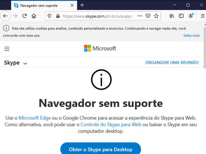 A versão web do Skype não é compatível com o Mozilla Firefox (Captura de tela: Matheus Bigogno)