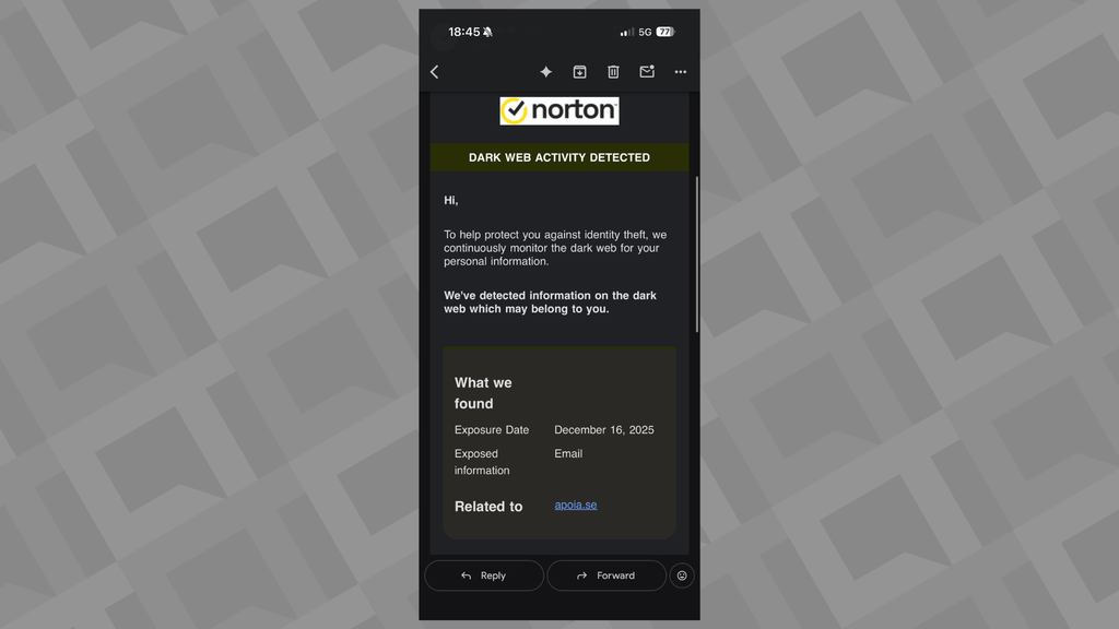 Usuário compartilha no X captura de tela de alerta sobre exposição de dados do serviço de monitoramento da Norton (Imagem: Reprodução/X)