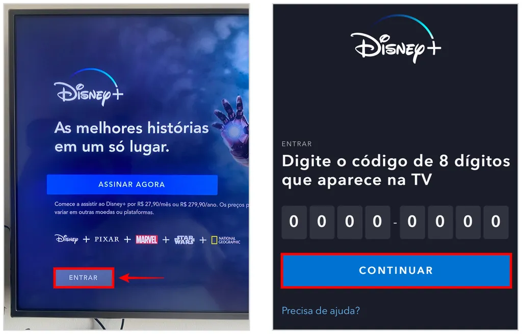 Baixe o aplicativo e anote o código para conectar o Disney Plus na TV (Captura de tela: Caio Carvalho)