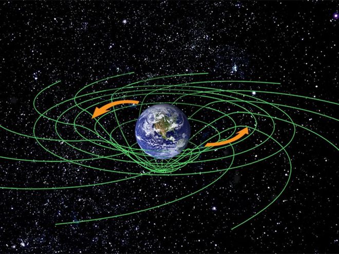 Ilustração do efeito Lense-Thirring causado pela gravidade e pela rotação da Terra (Imagem: Reprodução/NASA)