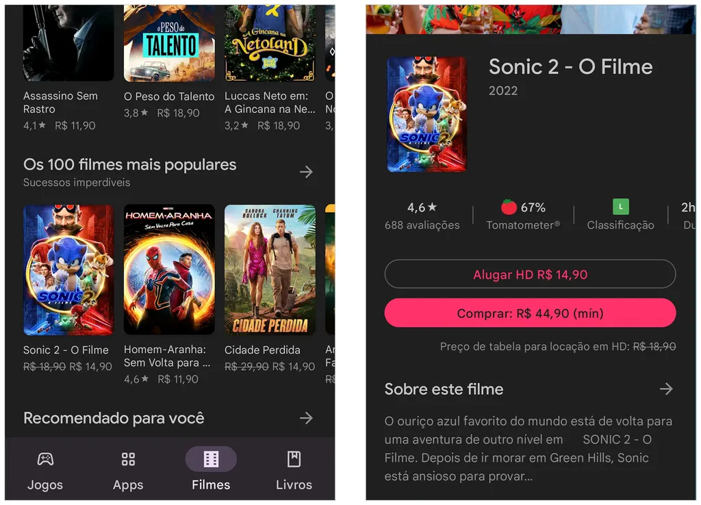 Google Play Filmes e TV tem um catálogo variado (Captura de tela: André Magalhães)