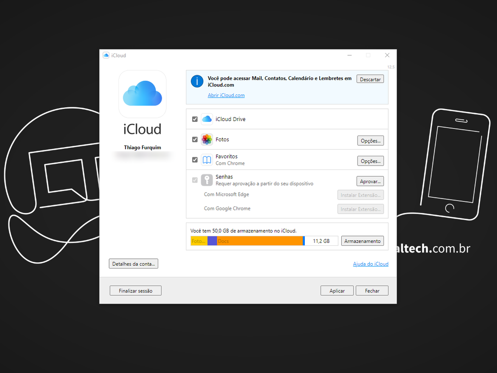 O iCloud para Windows dá acesso a recursos básicos do serviço de armazenamento em nuvem da Apple e alguns extras (Captura: Thiago Furquim/Canaltech)