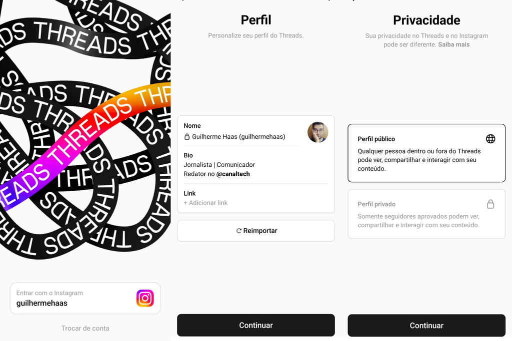 Para criar perfil no Threads é necessário utilizar uma conta do Instagram (Imagem: Captura de Tela/Guilherme Haas/Canaltech)
