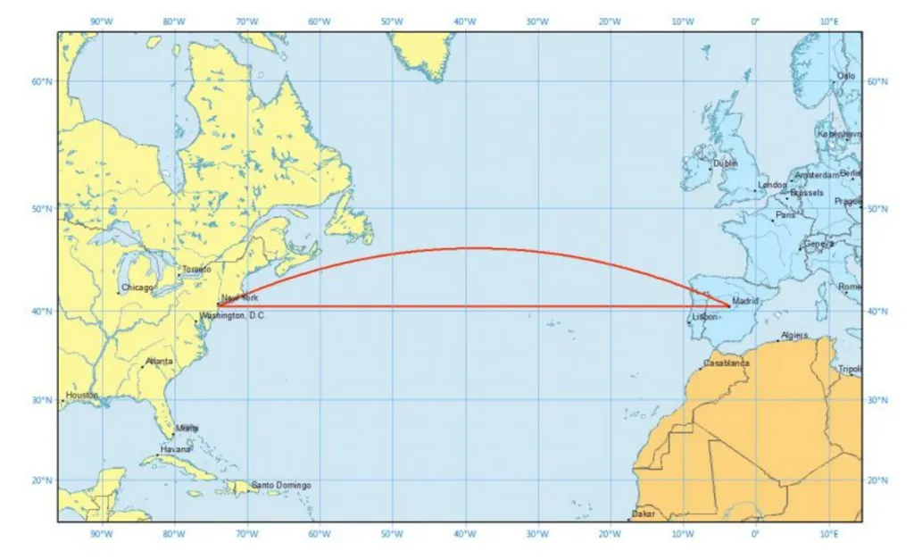 Mapa em duas dimensões mostra rota mais curta que avião poderia seguir (Imagem: Reprodução/Melhores Destinos)
