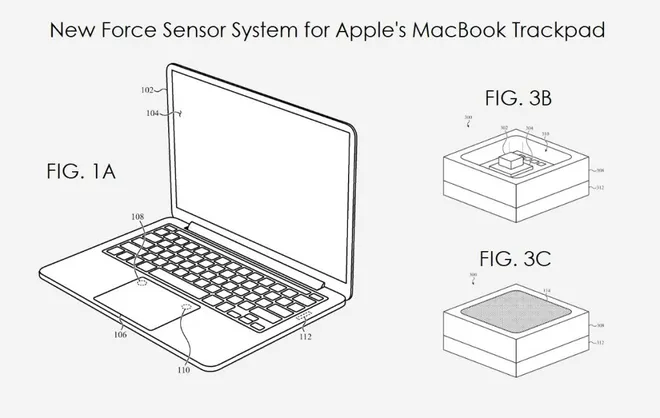 Patente mostra sensores de força em teclado do MacBook (Imagem: Reprodução/PatentlyApple)
