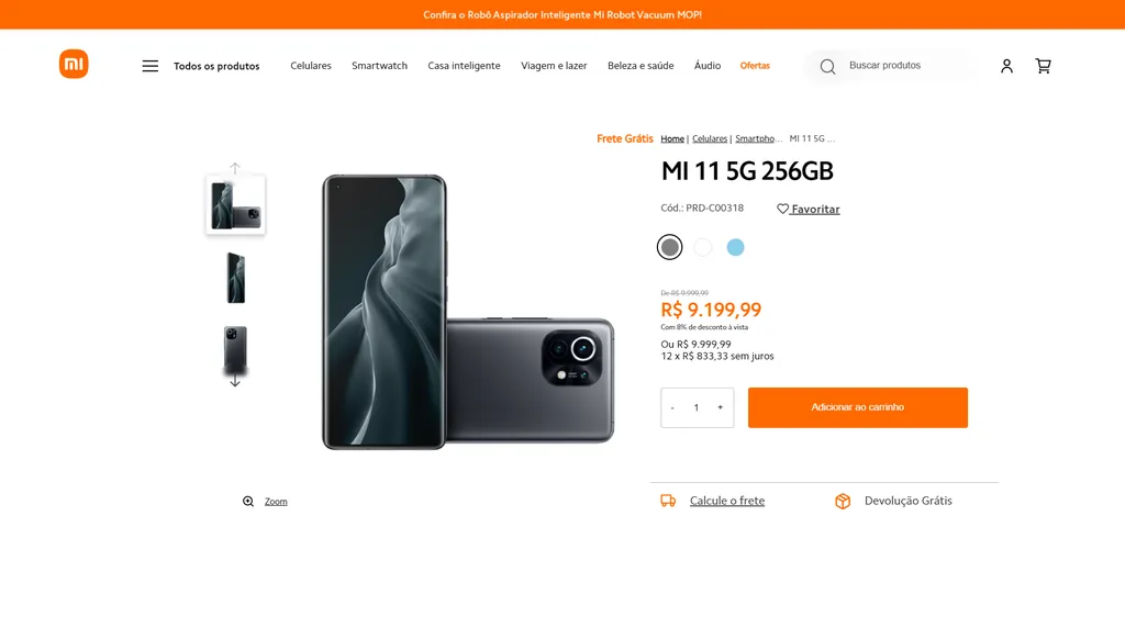 Preço do Xiaomi Mi 11 5G no site Mi Brasil (Captura: Jucyber/Canaltech)