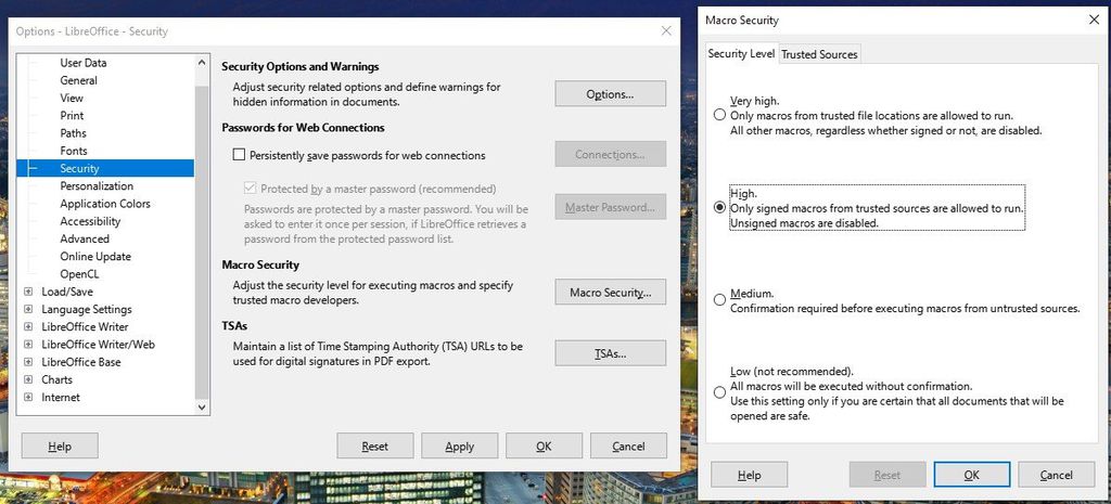 A tela de Segurança de Macro no LibreOffice. (Imagem: Reprodução/BleepingComputer)