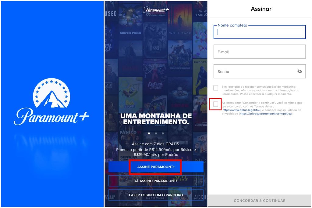 Como criar uma conta pelo app do Paramount+ (Imagem: Captura de tela/Guilherme Haas/Canaltech)