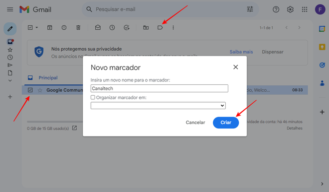 É possível usar marcadores no Gmail para segmentar suas mensagens de forma mais organizada (Imagem: Captura de tela/Fabrício Calixto/Canaltech)