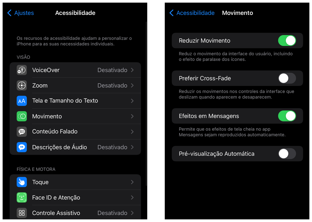 Reduza os efeitos de movimento do iOS - Captura de tela: Thiago Furquim (Canaltech)