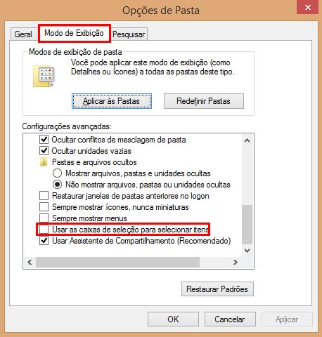 No Windows 7 as caixas de seleção têm que ser habilitadas através das Opções de Pasta No Windows 7 as caixas de seleção têm que ser habilitadas através das Opções de Pasta