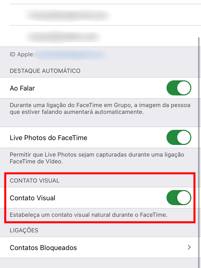 Ative o recurso de Contato Visual do FaceTime em seu iPhone. Captura de tela: Lucas Wetten (Canaltech)