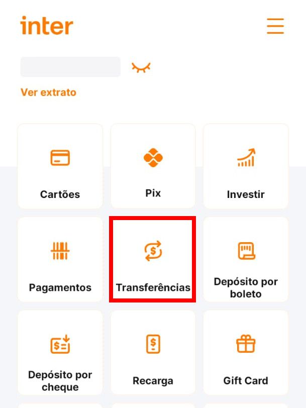 Na tela inicial do app, toque em "Transferências" (Captura de tela: Matheus Bigogno)