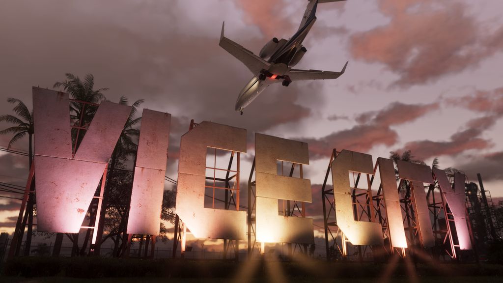 Um avião sobrevoando letreiro de Vice City em GTA VI