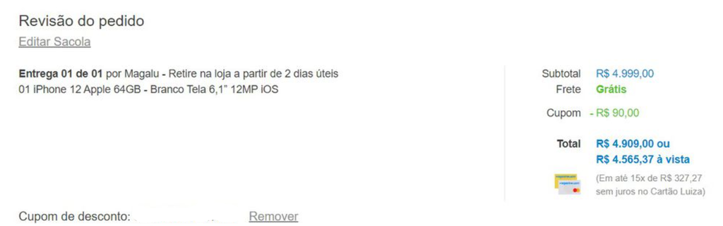 Captura de tela com o valor do iPhone 12 no Magalu