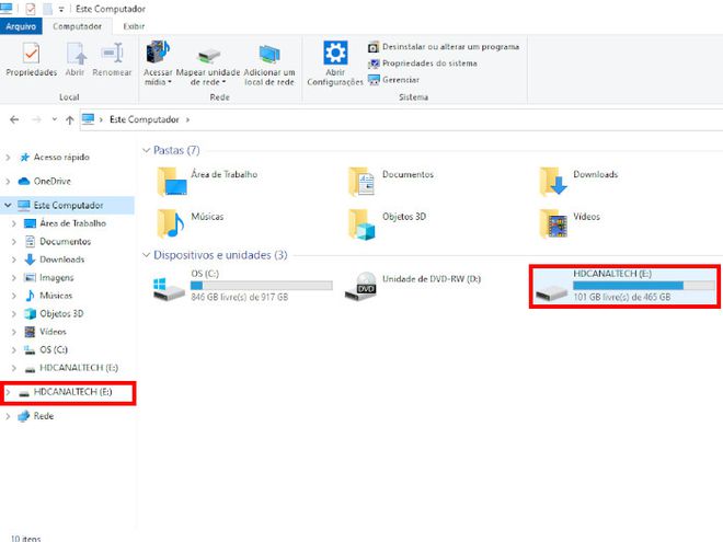 Na aba "Este Computador" do Windows 10 e clique com o botão direito do mouse no ícone do HD externo (Captura de tela: Matheus Bigogno)