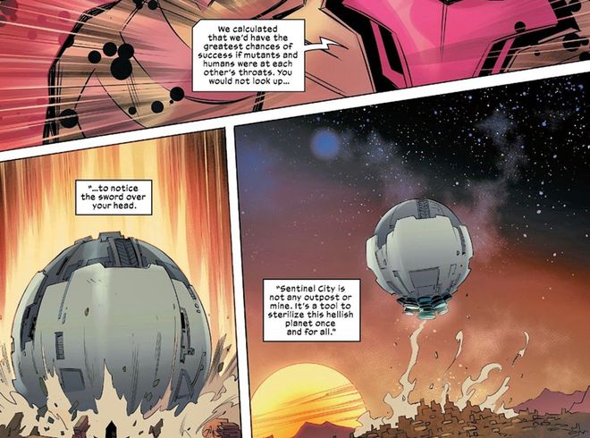 Nimrod revela a Cidade Sentinela, que pode ameaçar tanto os mutantes quanto toda a humanidade (Imagem: Reprodução/Marvel Comics)