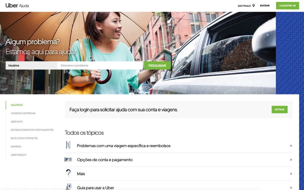 Uber tem site dedicado para abertura de solicitações de ajuda (Captura de tela: Caio Carvalho)