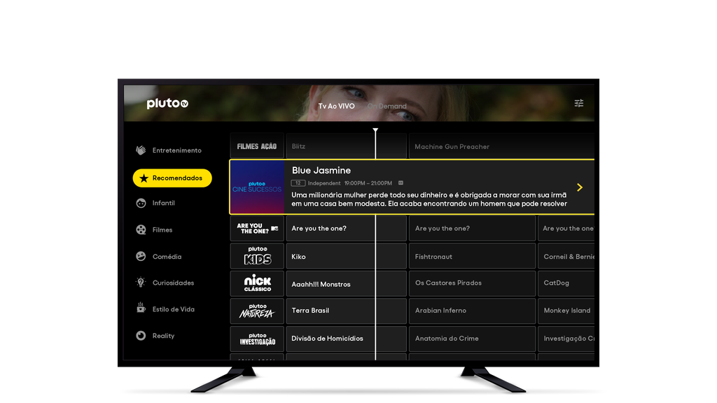 Interface do Pluto TV Brasil: aposta na exibição de anúncios em intervalos comerciais para gerar receita (Imagem: ViacomCBS)