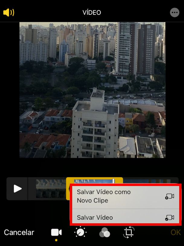 No menu aberto em seguida, salve o vídeo ou crie um novo clipe (Captura de tela: Lucas Wetten)