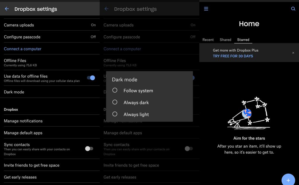 Modo escuro do Dropbox para Android aparecerá nas configurações do aplicativo (Foto: Reprodução/dotekománie)